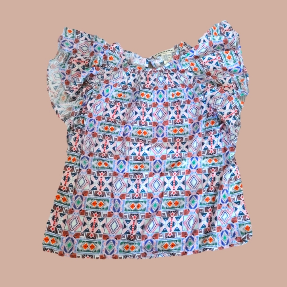 Anthem Of The Ants Ethnic Print Geometric Flutter Sleeve Top Sz 6